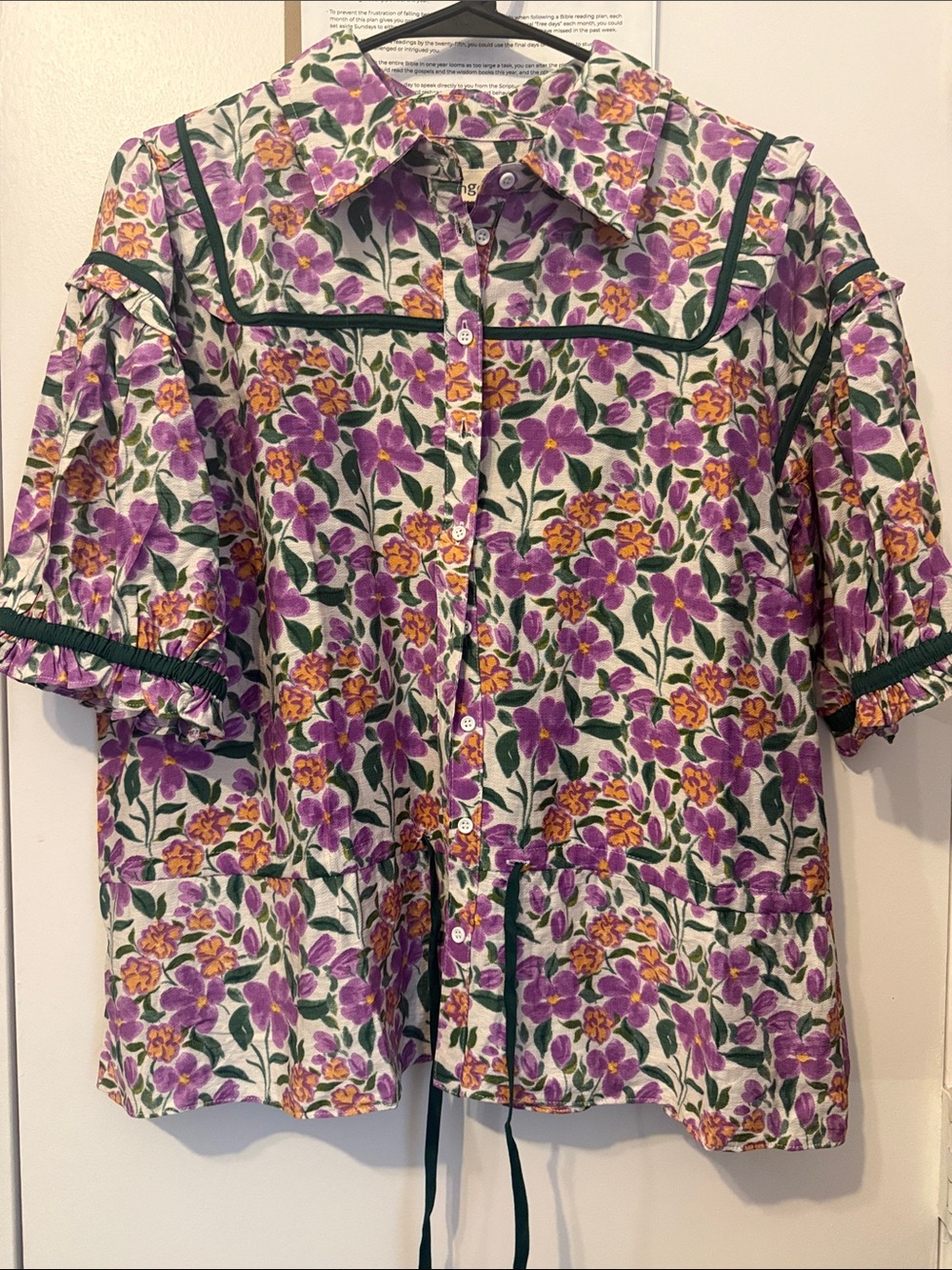 Umgee Purple and Orange Floral Button-Up Blouse with Green Trim - Picture 1 of 2